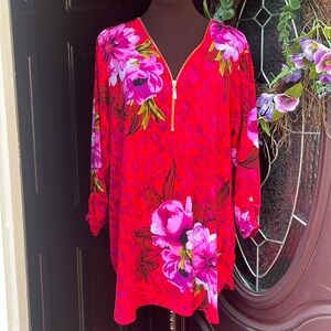 JM Collection Bright Red Floral Zip Tunic with Pink Blooms